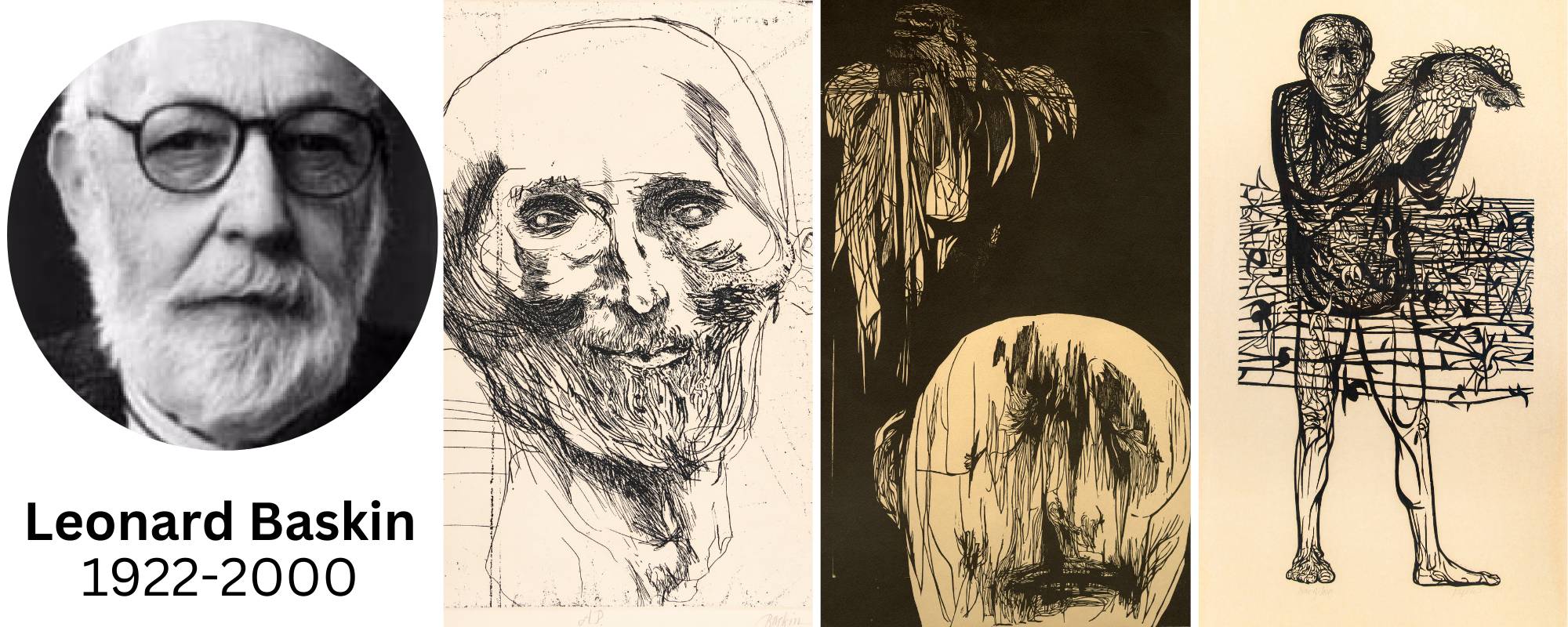 Photograph of the artist with three examples of his artwork